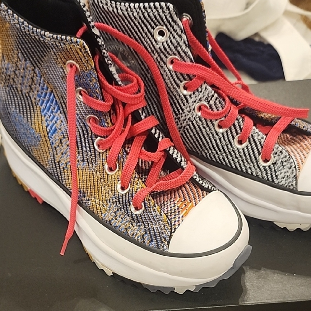 Colorful Converse High-Top Sneakers with Pink Laces